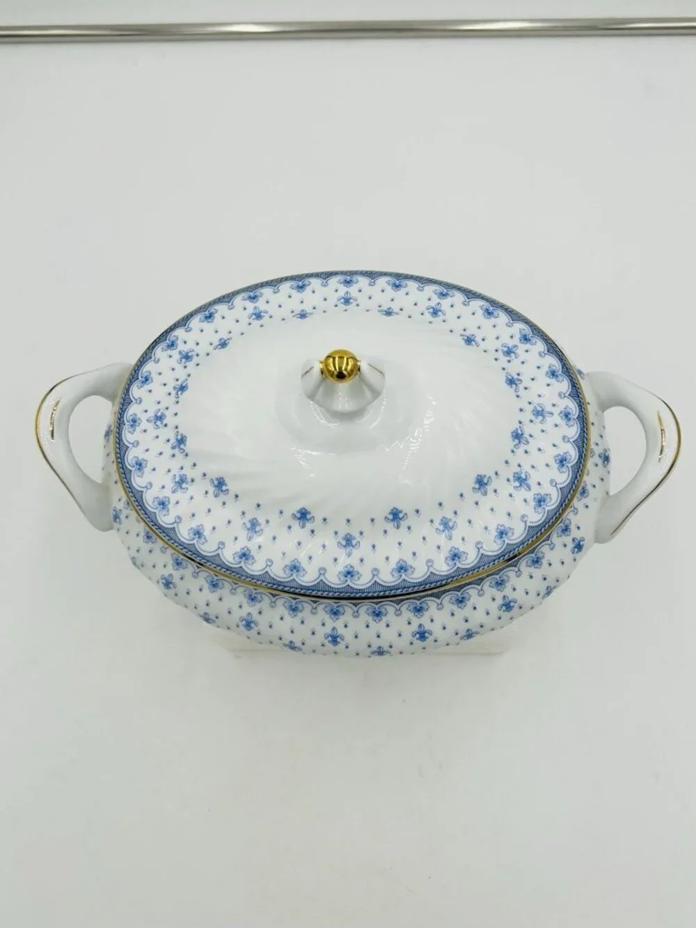 Porcelana Quinta Nova Blue Fluer de Lis Oval Vegetable Dish Soup Tureen with Lid